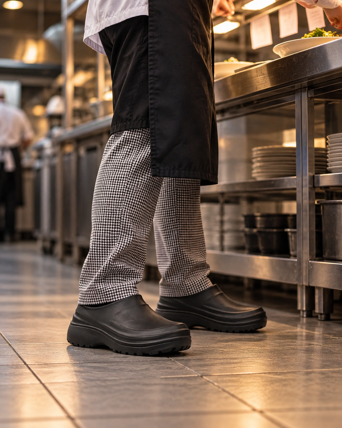 Chef at the pass during service wearing black Alpyn work clogs.