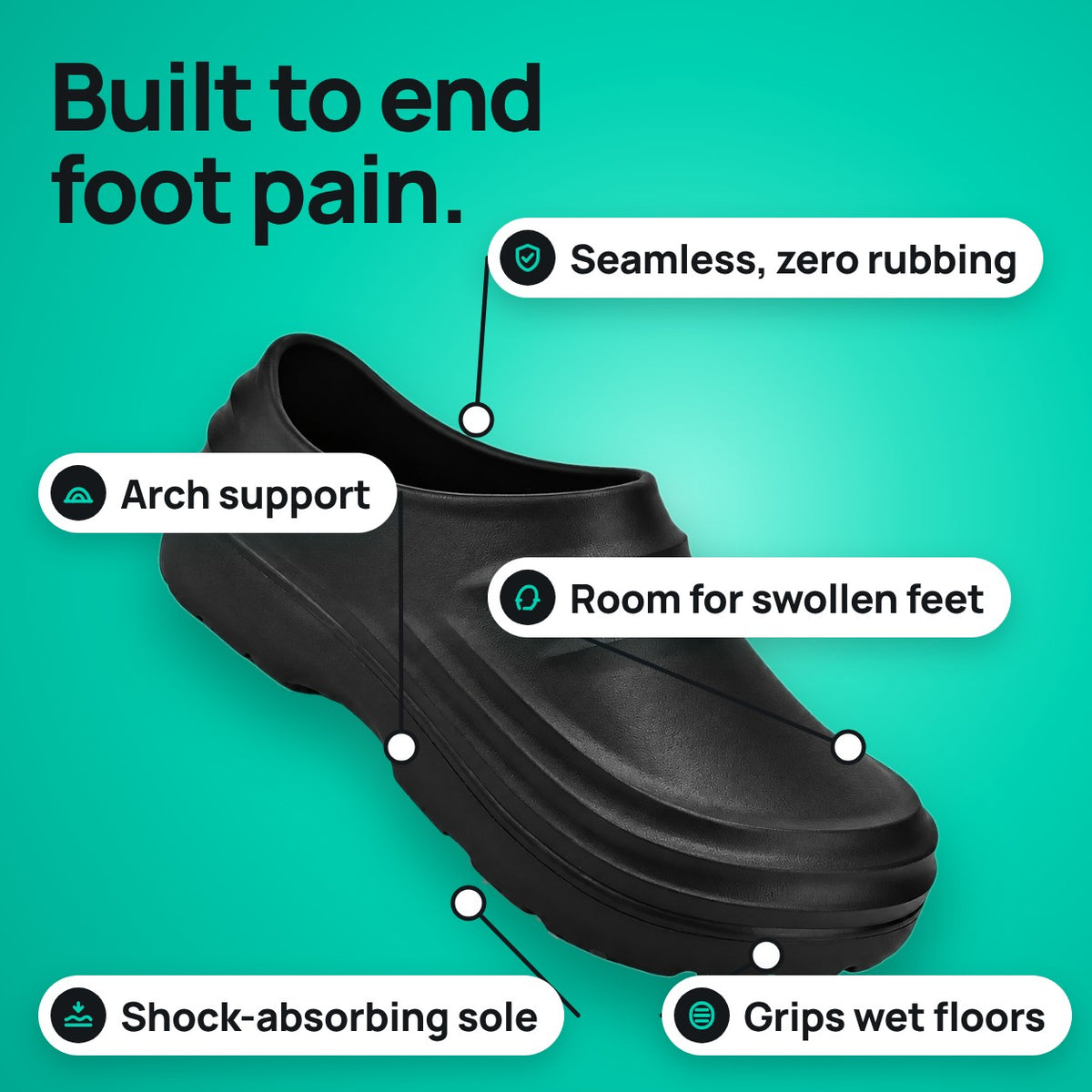 Built to end foot pain: arch support, room for swollen feet, shock-absorbing sole, grips wet floors