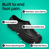 Built to end foot pain: arch support, room for swollen feet, shock-absorbing sole, grips wet floors