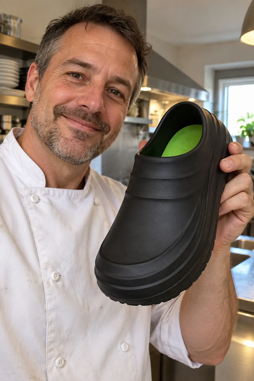 Chef holding an Alpyn work clog