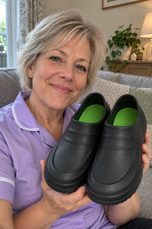 Care worker holding a pair of Alpyn work clogs