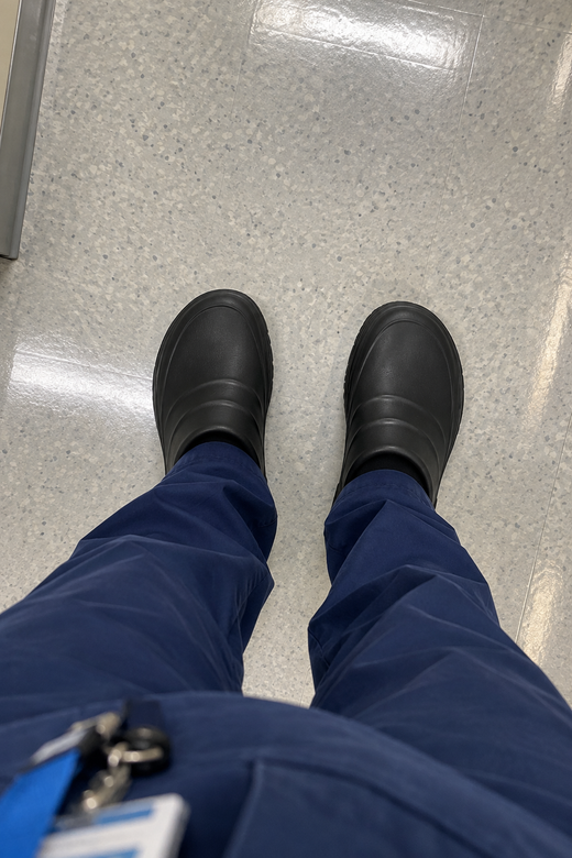 Wearing Alpyn work clogs on a hospital floor