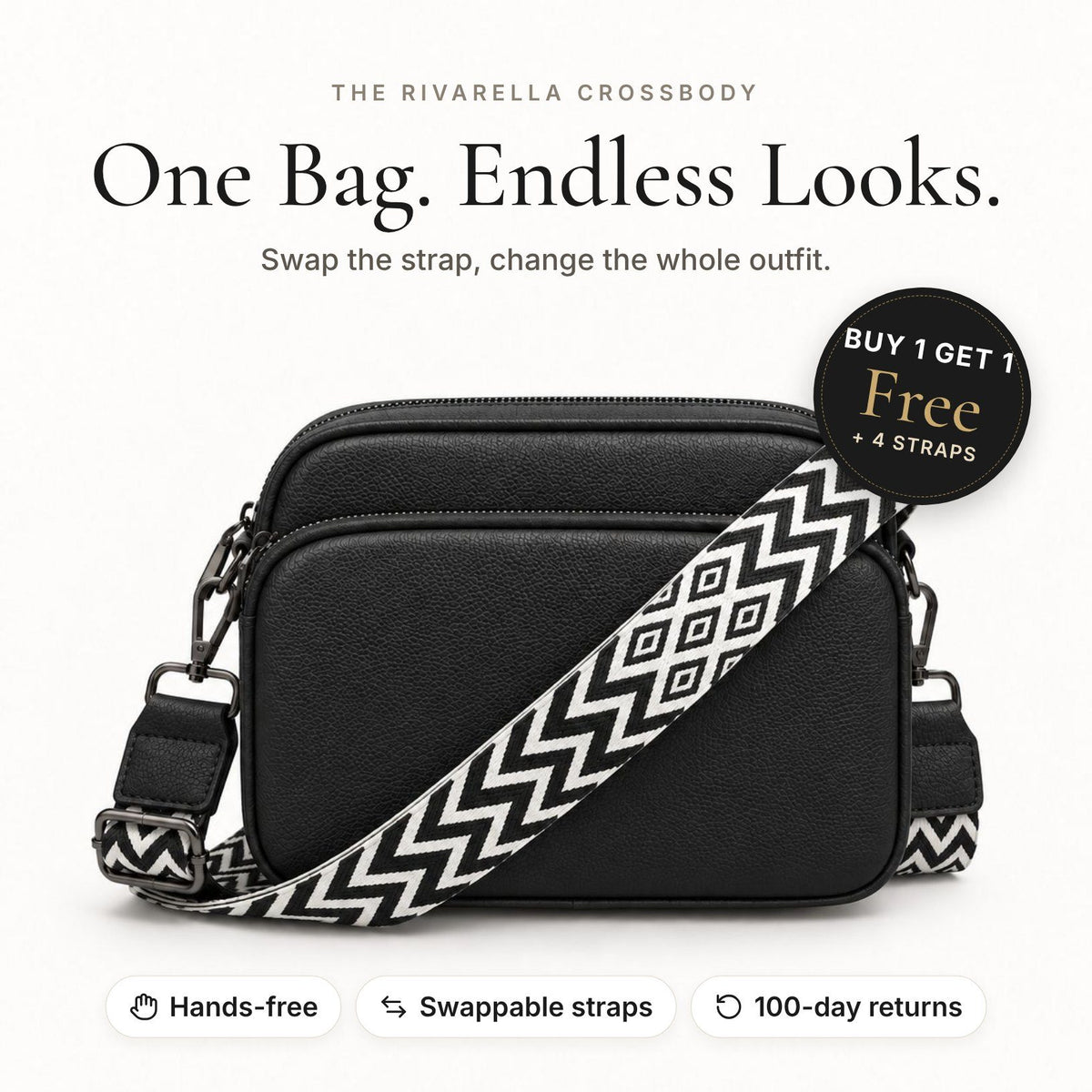 Rivarella Crossbody Bag in Black – Buy 1 Get 1 Free + 4 straps