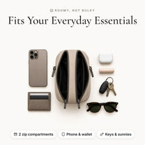 What fits inside the Rivarella crossbody: phone, card holder, keys, sunglasses, earbuds, lip balm